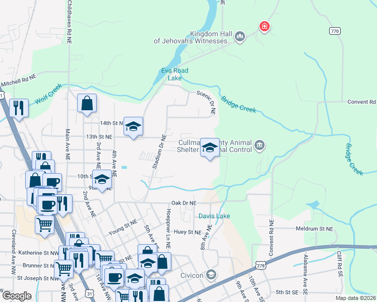 map of restaurants, bars, coffee shops, grocery stores, and more near 900 Hoehn Drive Northeast in Cullman