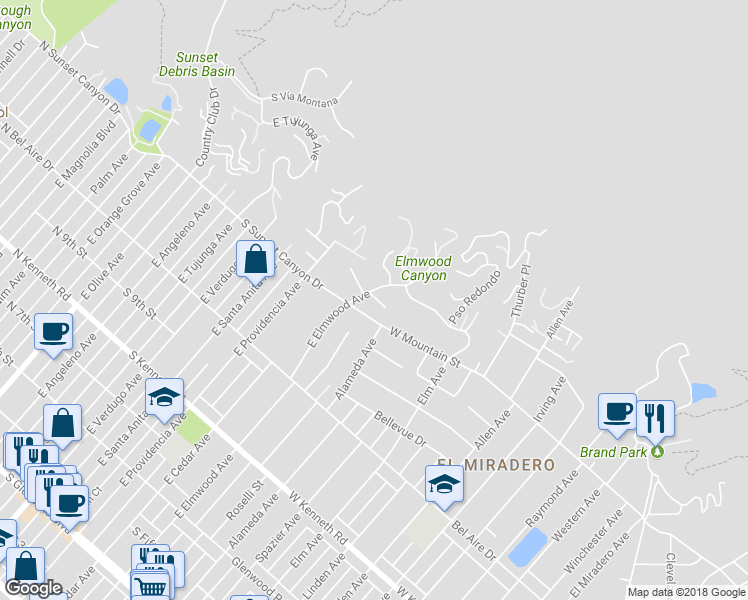 map of restaurants, bars, coffee shops, grocery stores, and more near 1118 E Elmwood Ave in Burbank