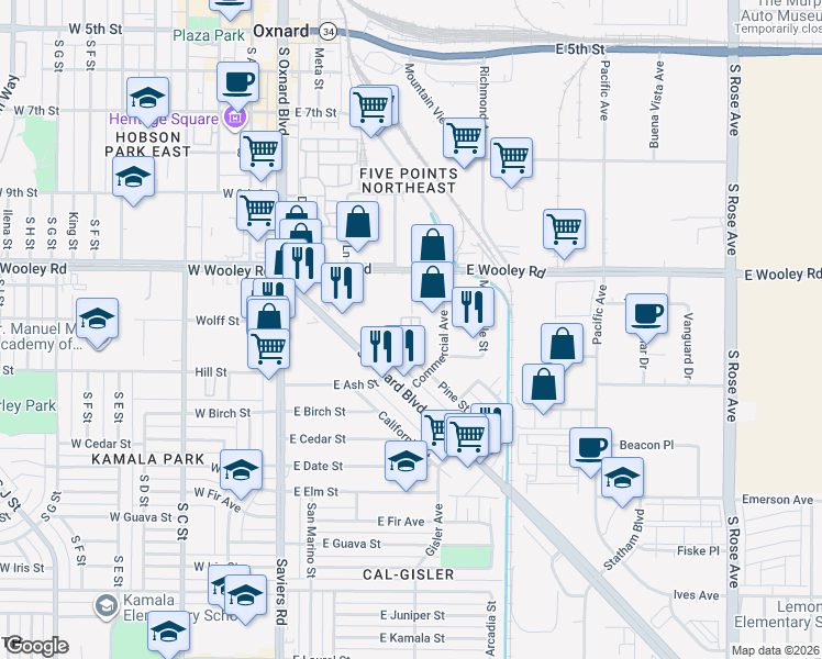 map of restaurants, bars, coffee shops, grocery stores, and more near 1209 Commercial Avenue in Oxnard