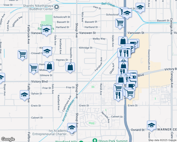 map of restaurants, bars, coffee shops, grocery stores, and more near 22318 Mobile Street in Los Angeles