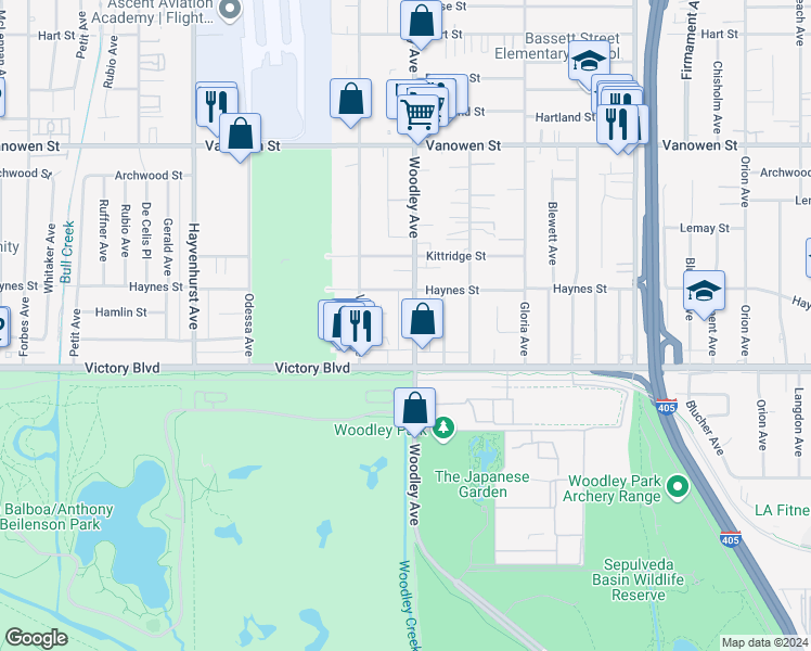 map of restaurants, bars, coffee shops, grocery stores, and more near 6445 Woodley Avenue in Los Angeles