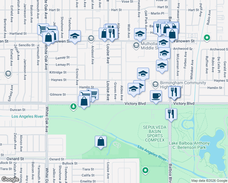 map of restaurants, bars, coffee shops, grocery stores, and more near Graves Avenue in Los Angeles