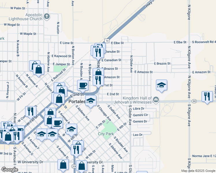map of restaurants, bars, coffee shops, grocery stores, and more near 912 East 1st Street in Portales