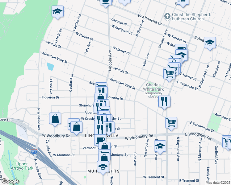 map of restaurants, bars, coffee shops, grocery stores, and more near 2461 Olive Avenue in Altadena