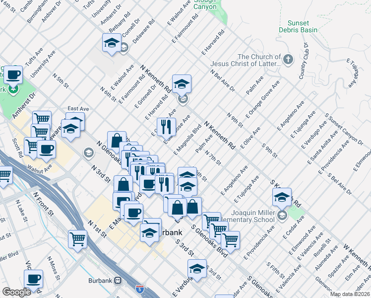 map of restaurants, bars, coffee shops, grocery stores, and more near 614 East Magnolia Boulevard in Burbank