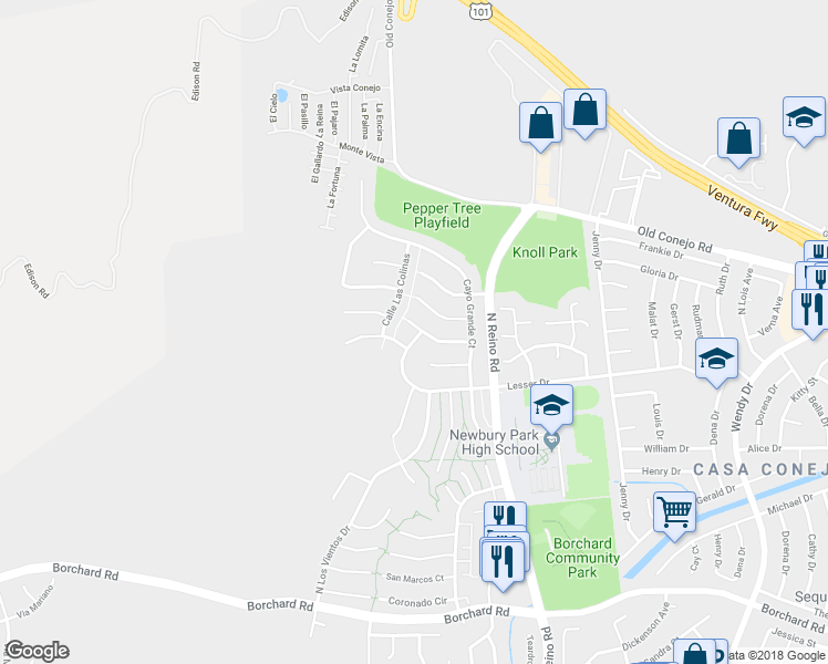 map of restaurants, bars, coffee shops, grocery stores, and more near 3834 Calle Mazatlan in Thousand Oaks