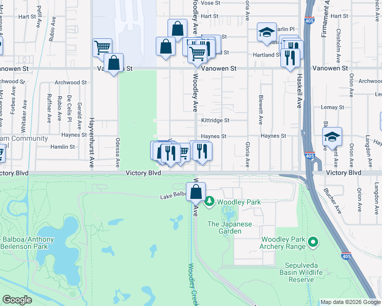 map of restaurants, bars, coffee shops, grocery stores, and more near 6445 Woodley Avenue in Los Angeles