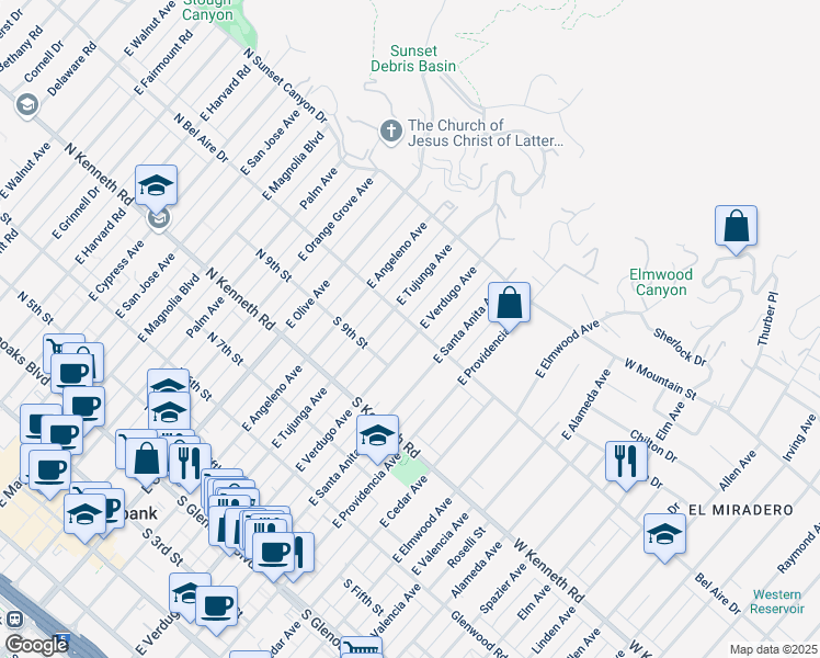 map of restaurants, bars, coffee shops, grocery stores, and more near 941 East Verdugo Avenue in Burbank