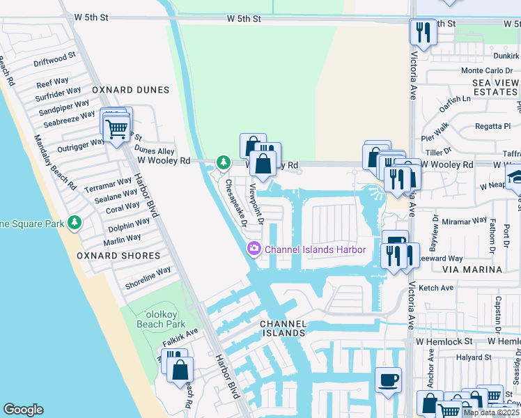 map of restaurants, bars, coffee shops, grocery stores, and more near 4354 Waterside Lane in Oxnard