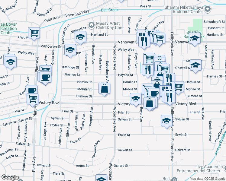 map of restaurants, bars, coffee shops, grocery stores, and more near 6455 Woodlake Avenue in Los Angeles