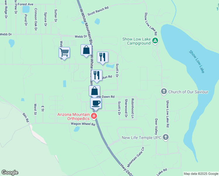 map of restaurants, bars, coffee shops, grocery stores, and more near 5350 Glenwood Lane in Navajo County