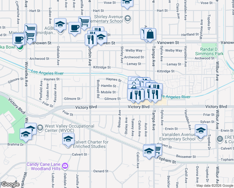 map of restaurants, bars, coffee shops, grocery stores, and more near 19510 Mobile Street in Los Angeles