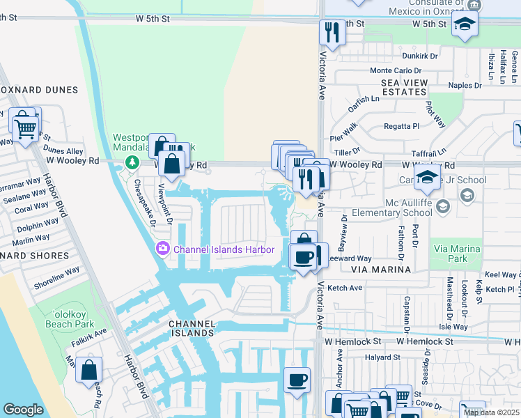 map of restaurants, bars, coffee shops, grocery stores, and more near 1301 Seabridge Lane in Oxnard
