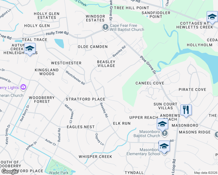 map of restaurants, bars, coffee shops, grocery stores, and more near 1003 Upper Reach Drive in Wilmington