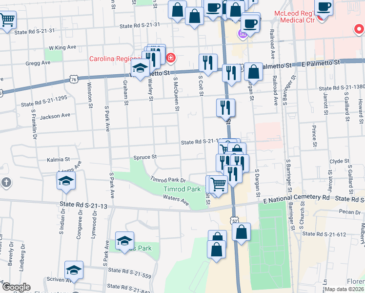 map of restaurants, bars, coffee shops, grocery stores, and more near 602 South McQueen Street in Florence