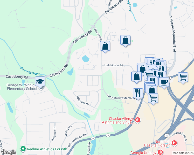 map of restaurants, bars, coffee shops, grocery stores, and more near 3704 Delfaire Trace in Cumming