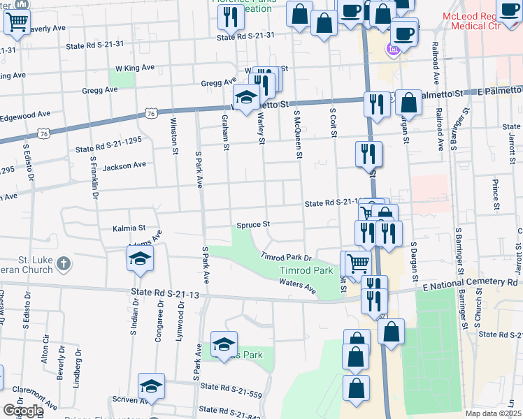 map of restaurants, bars, coffee shops, grocery stores, and more near 601 Warley Street in Florence