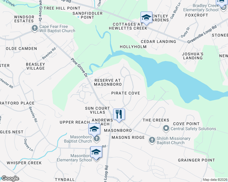 map of restaurants, bars, coffee shops, grocery stores, and more near 5425 Whaler Way in Wilmington