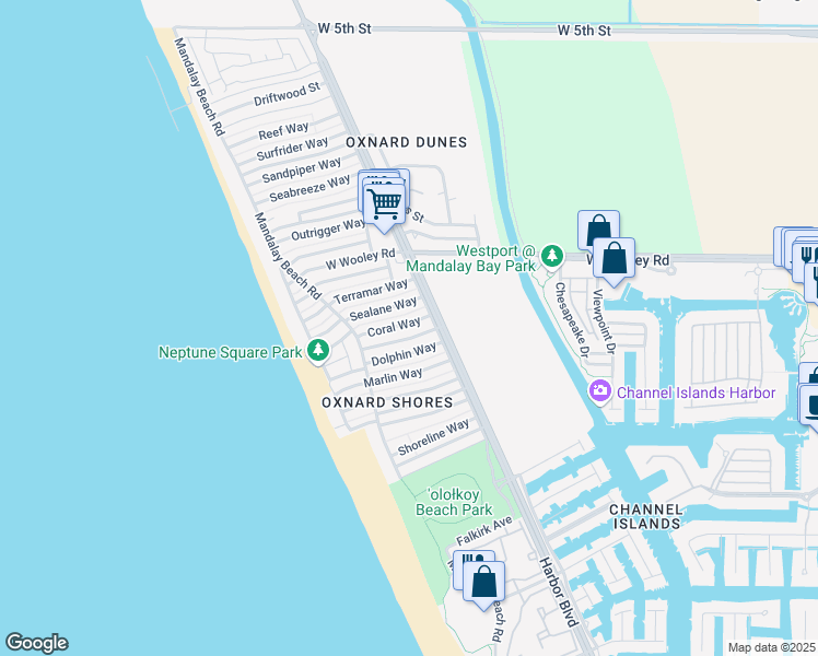 map of restaurants, bars, coffee shops, grocery stores, and more near 4939 Nautilus Street in Oxnard