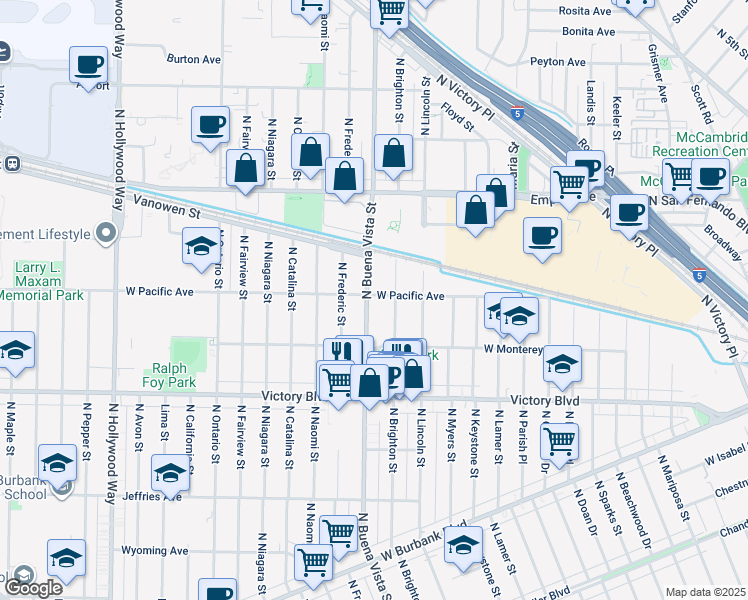 map of restaurants, bars, coffee shops, grocery stores, and more near 1746 North Buena Vista Street in Burbank
