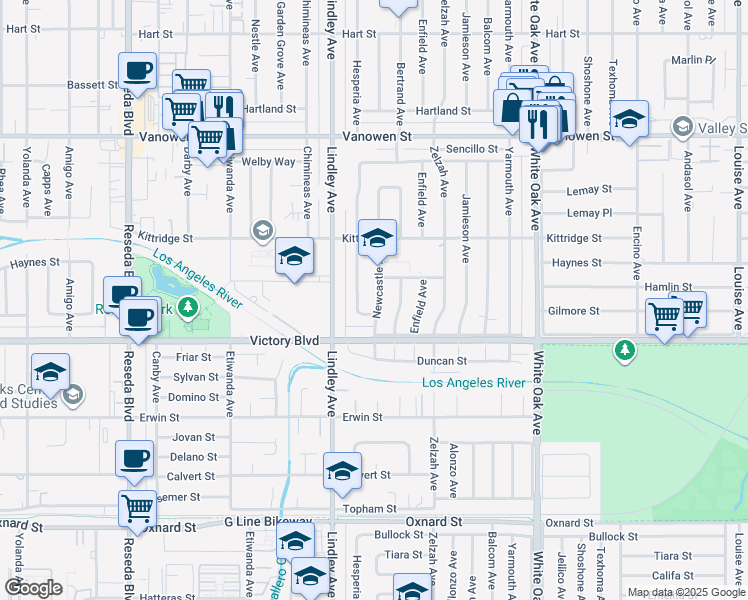 map of restaurants, bars, coffee shops, grocery stores, and more near 6447 Newcastle Avenue in Los Angeles