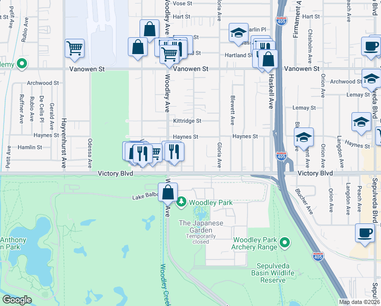 map of restaurants, bars, coffee shops, grocery stores, and more near 6445 Gaviota Avenue in Los Angeles