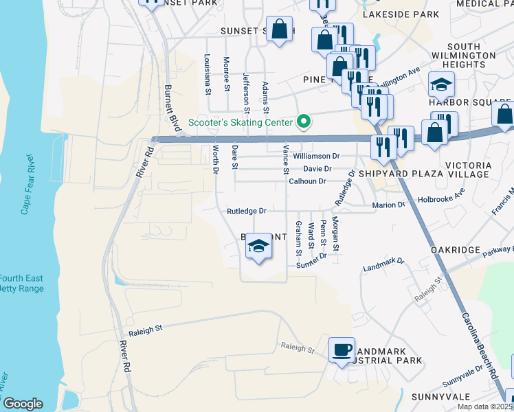 map of restaurants, bars, coffee shops, grocery stores, and more near 201 Rutledge Drive in Wilmington