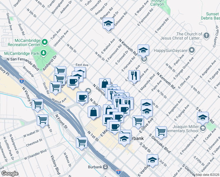 map of restaurants, bars, coffee shops, grocery stores, and more near 424 East Harvard Road in Burbank