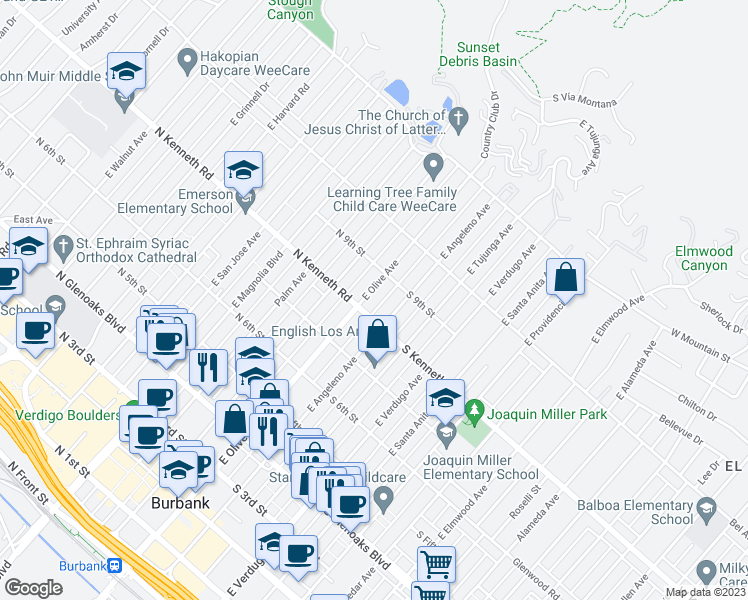map of restaurants, bars, coffee shops, grocery stores, and more near 814 East Olive Avenue in Burbank