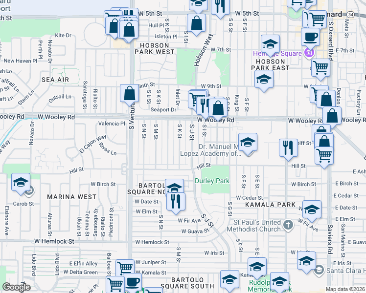 map of restaurants, bars, coffee shops, grocery stores, and more near 1207 South J Street in Oxnard
