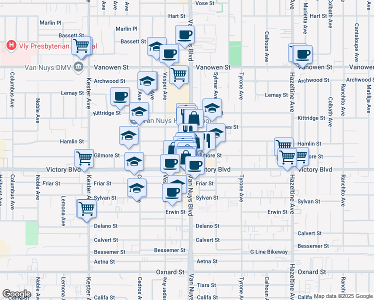 map of restaurants, bars, coffee shops, grocery stores, and more near 6463 Van Nuys Boulevard in Los Angeles