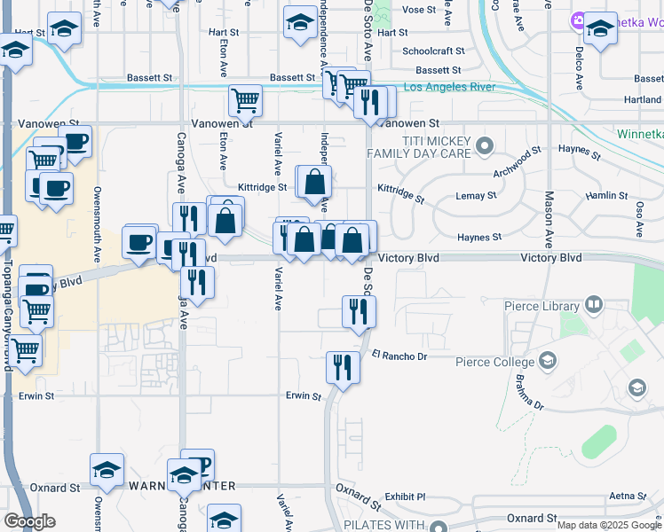 map of restaurants, bars, coffee shops, grocery stores, and more near 20946 Victory Boulevard in Los Angeles