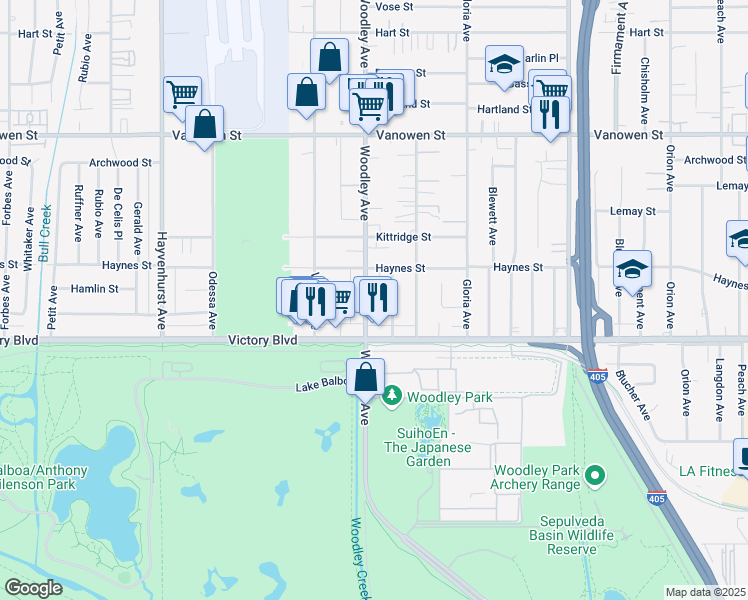 map of restaurants, bars, coffee shops, grocery stores, and more near 6446 Woodley Avenue in Los Angeles