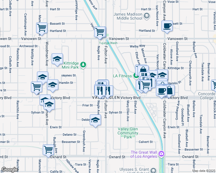 map of restaurants, bars, coffee shops, grocery stores, and more near 6446 Fulton Avenue in Los Angeles