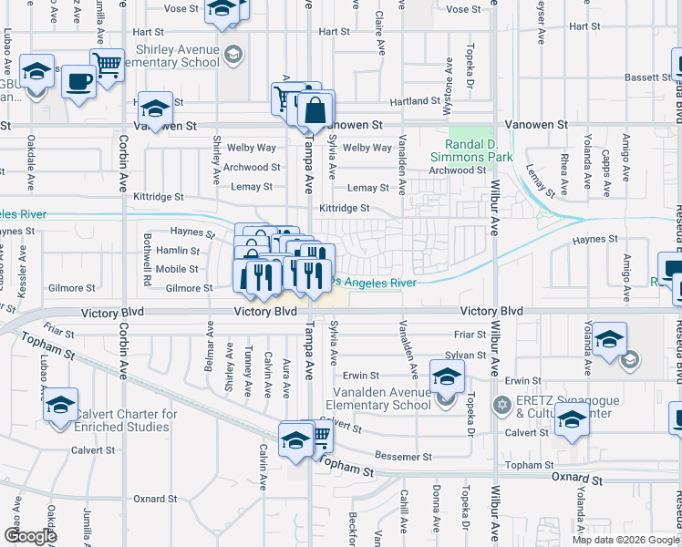 map of restaurants, bars, coffee shops, grocery stores, and more near 19238 Hamlin Street in Los Angeles