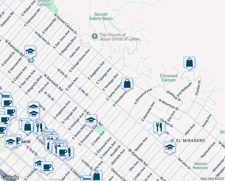 map of restaurants, bars, coffee shops, grocery stores, and more near 1023 East Santa Anita Avenue in Burbank