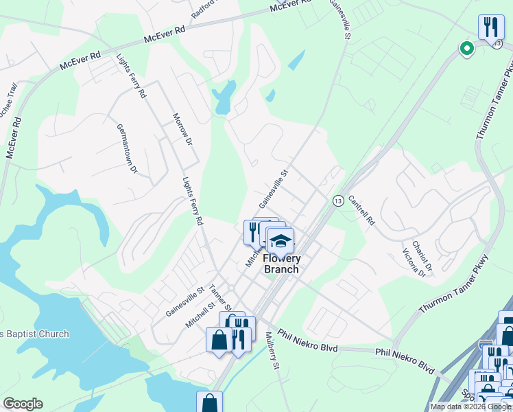 map of restaurants, bars, coffee shops, grocery stores, and more near 5504 Gainesville Street in Flowery Branch