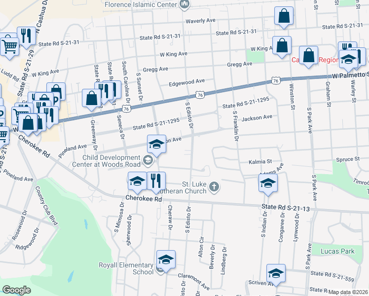map of restaurants, bars, coffee shops, grocery stores, and more near 511 South Edisto Drive in Florence