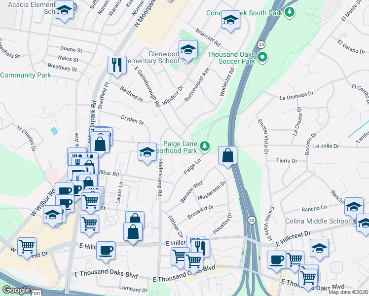 map of restaurants, bars, coffee shops, grocery stores, and more near 584 Galsworthy Street in Thousand Oaks