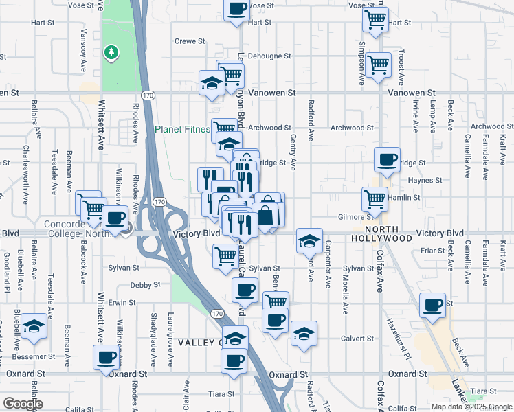 map of restaurants, bars, coffee shops, grocery stores, and more near 6440 Agnes Avenue in Los Angeles