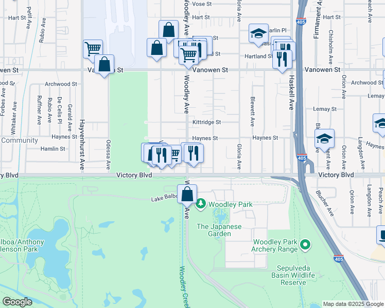 map of restaurants, bars, coffee shops, grocery stores, and more near 6446 Woodley Avenue in Los Angeles