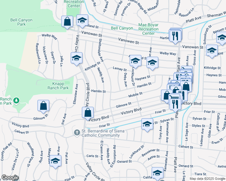 map of restaurants, bars, coffee shops, grocery stores, and more near 24129 Hamlin Street in Los Angeles