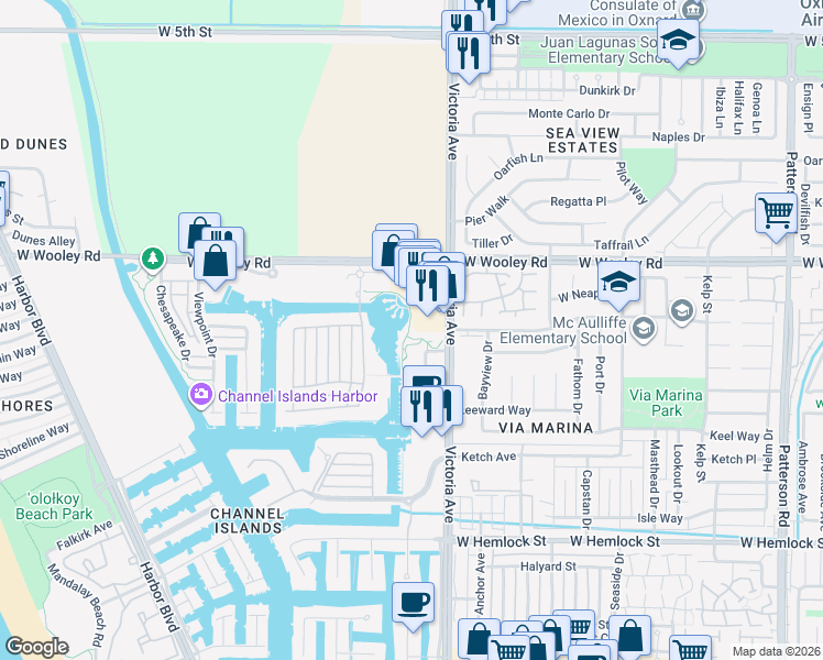 map of restaurants, bars, coffee shops, grocery stores, and more near 1299 South Victoria Avenue in Oxnard