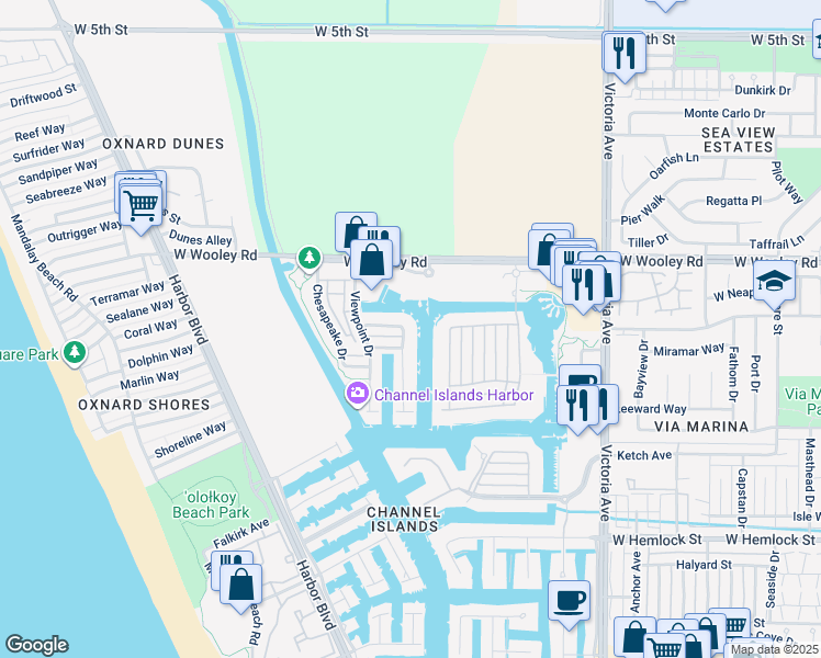 map of restaurants, bars, coffee shops, grocery stores, and more near 1324 Twin Tides Place in Oxnard