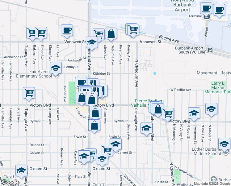 map of restaurants, bars, coffee shops, grocery stores, and more near 6441 Riverton Avenue in Los Angeles