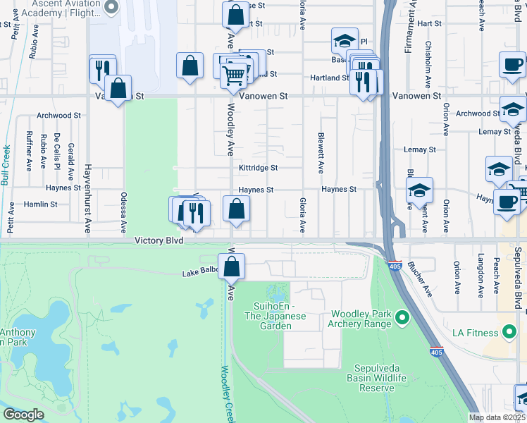 map of restaurants, bars, coffee shops, grocery stores, and more near 6447 Gaviota Avenue in Los Angeles