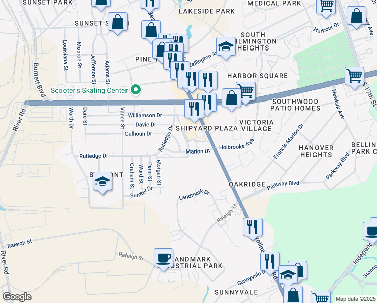 map of restaurants, bars, coffee shops, grocery stores, and more near Marion Drive in Wilmington