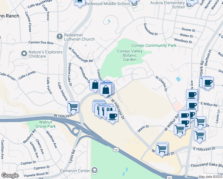 map of restaurants, bars, coffee shops, grocery stores, and more near 424 Tuolumne Avenue in Thousand Oaks