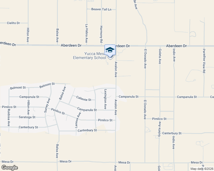 map of restaurants, bars, coffee shops, grocery stores, and more near 58458 Del Mar Street in Yucca Valley