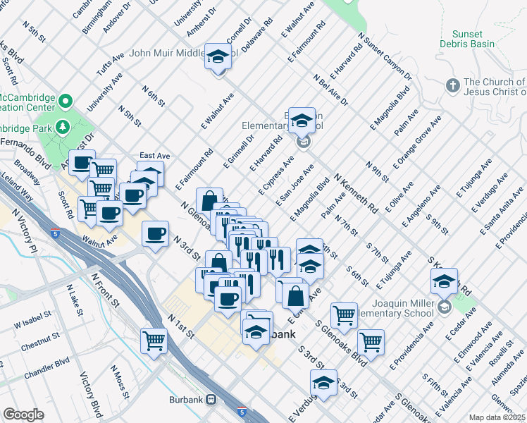 map of restaurants, bars, coffee shops, grocery stores, and more near 554 East San Jose Avenue in Burbank